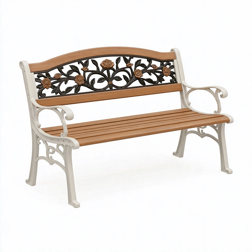 Gartenbank 125 cm aus Holz und Metall Braun Creme mit Armlehnen im Landhausstil