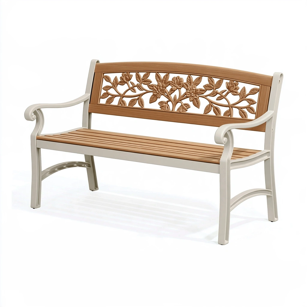 Gartenbank 120 cm Metall und Holz Braun Weiß mit Blumenrelief