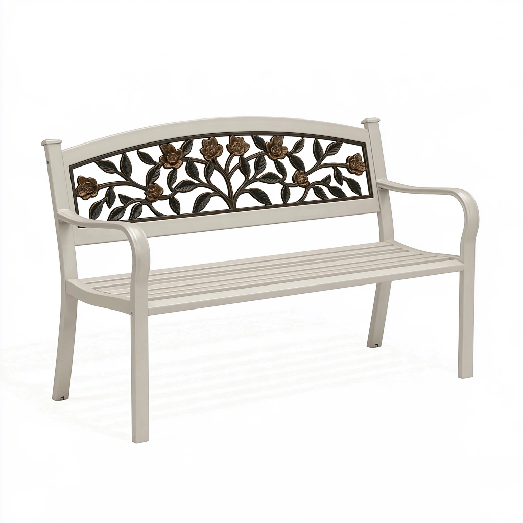 Gartenbank 122 x 60 x 90 cm aus Metall Beige mit floralem Rückeneinsatz