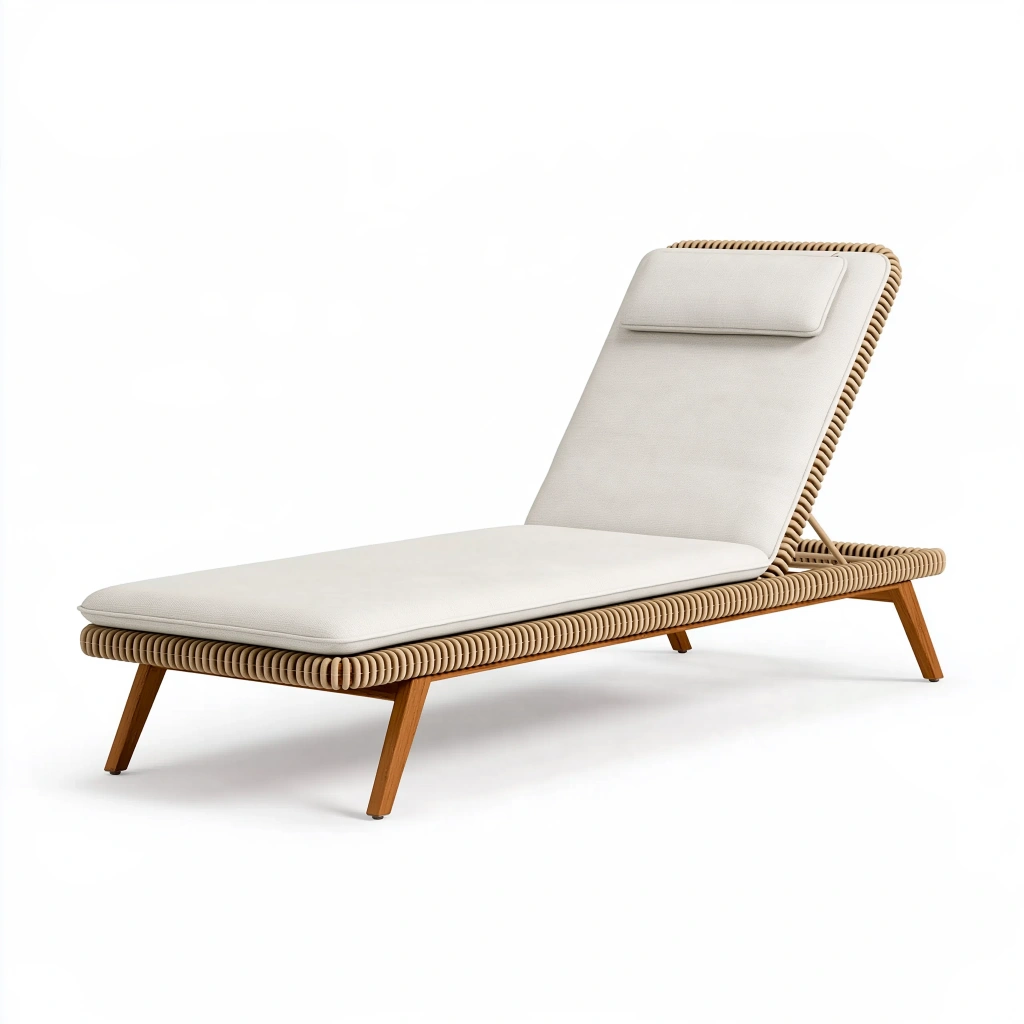Sonnenliege 195 x 70 x 85 cm aus Holz und Geflecht in Naturbeige mit Polsterauflage
