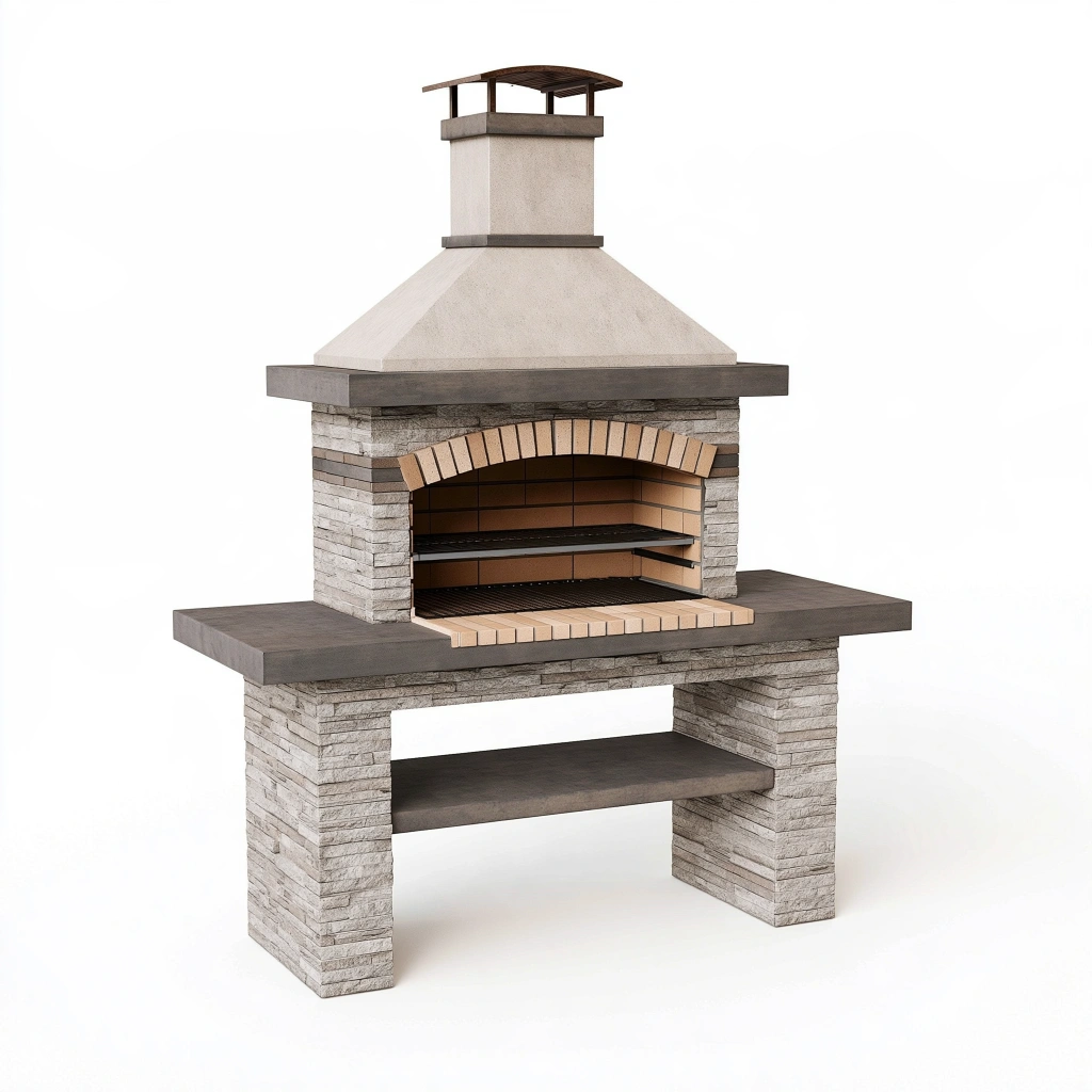 Garten-Grillkamin 160 x 80 x 250 cm aus Beton Stein und Metall in Grau Beige mit Grillrost