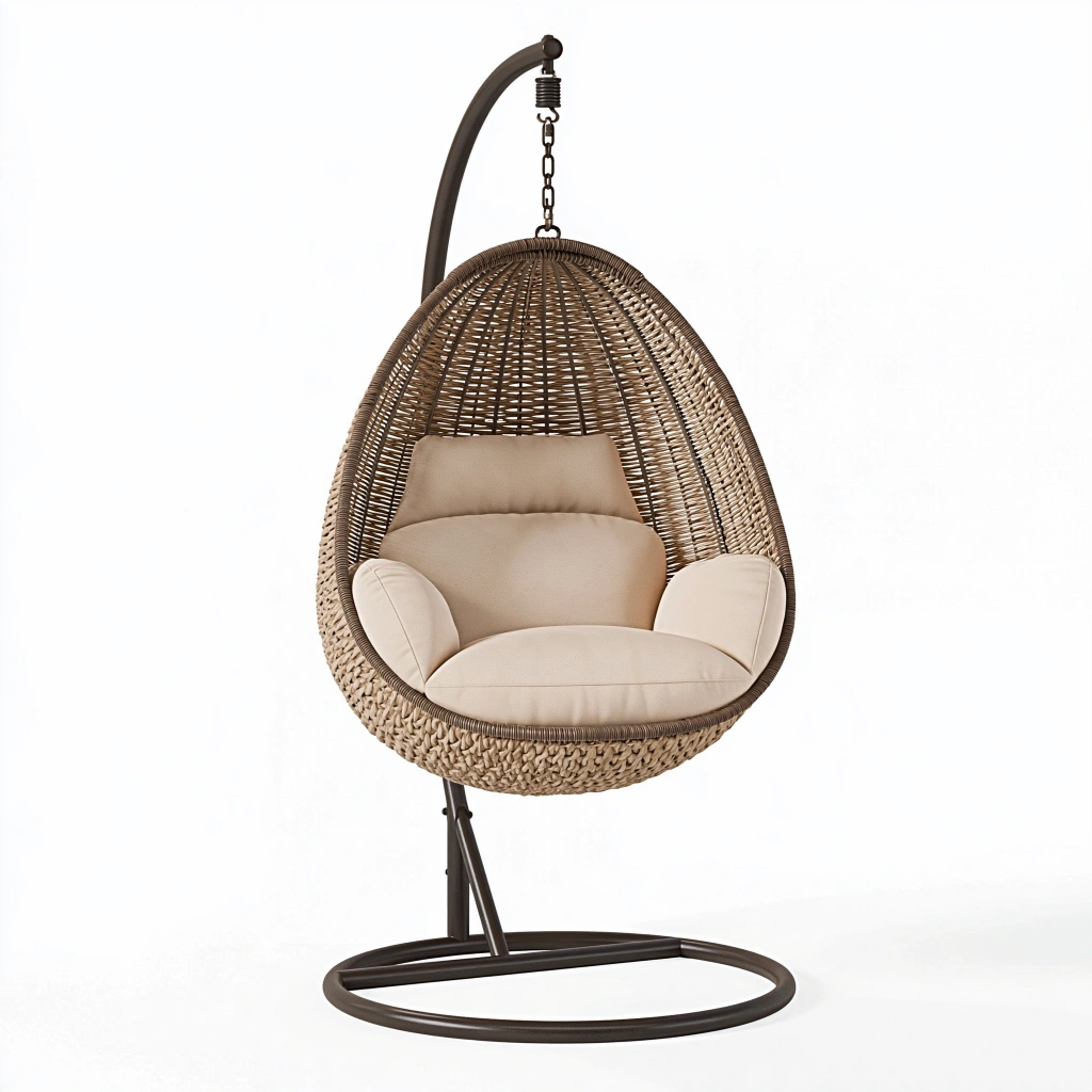 Hängesessel 105 x 105 x 195 cm Geflecht Braun mit Stahlgestell und beigem Sitzpolster Boho
