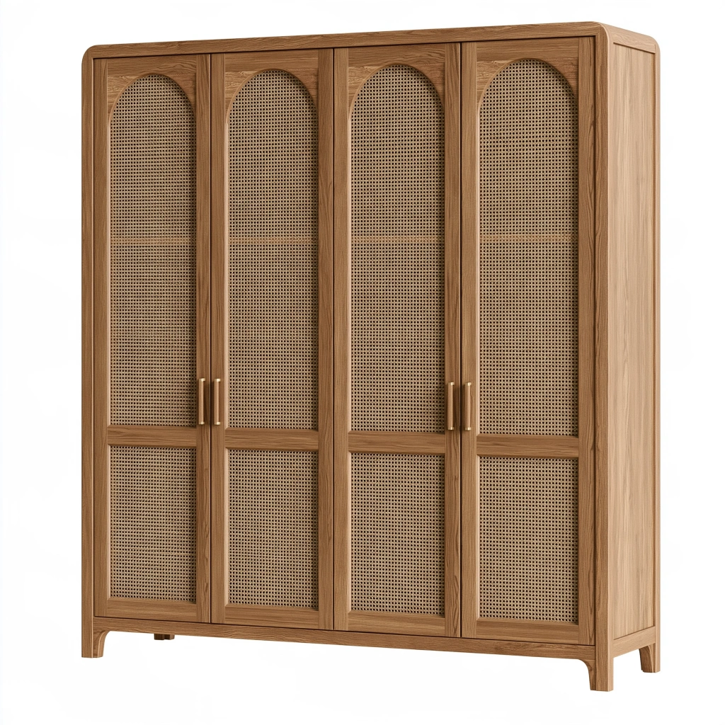 Kleiderschrank 160 x 60 x 200 cm Eiche Natur Holz mit Rattangeflecht im Retro Stil