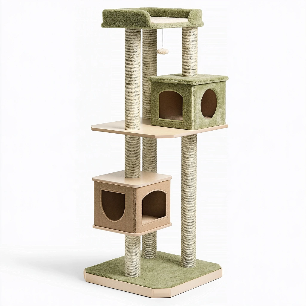 Katzenkratzbaum 60 x 60 x 170 cm aus Holzwerkstoff Sisal und Plüsch in Olivgrün Beige mit Höhlen Liegefläche und Spielball